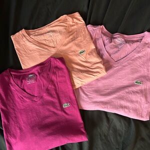 Lacoste V-Neck T-Shirts in Fuchsia, Coral, and Light Pink